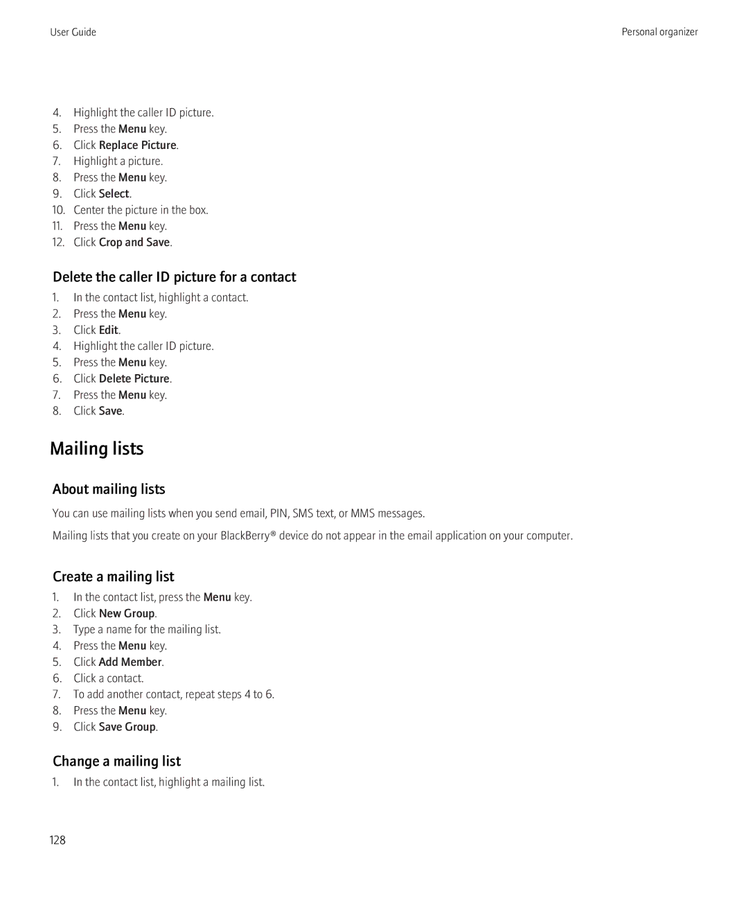 Blackberry 3980228 Mailing lists, Delete the caller ID picture for a contact, About mailing lists, Create a mailing list 