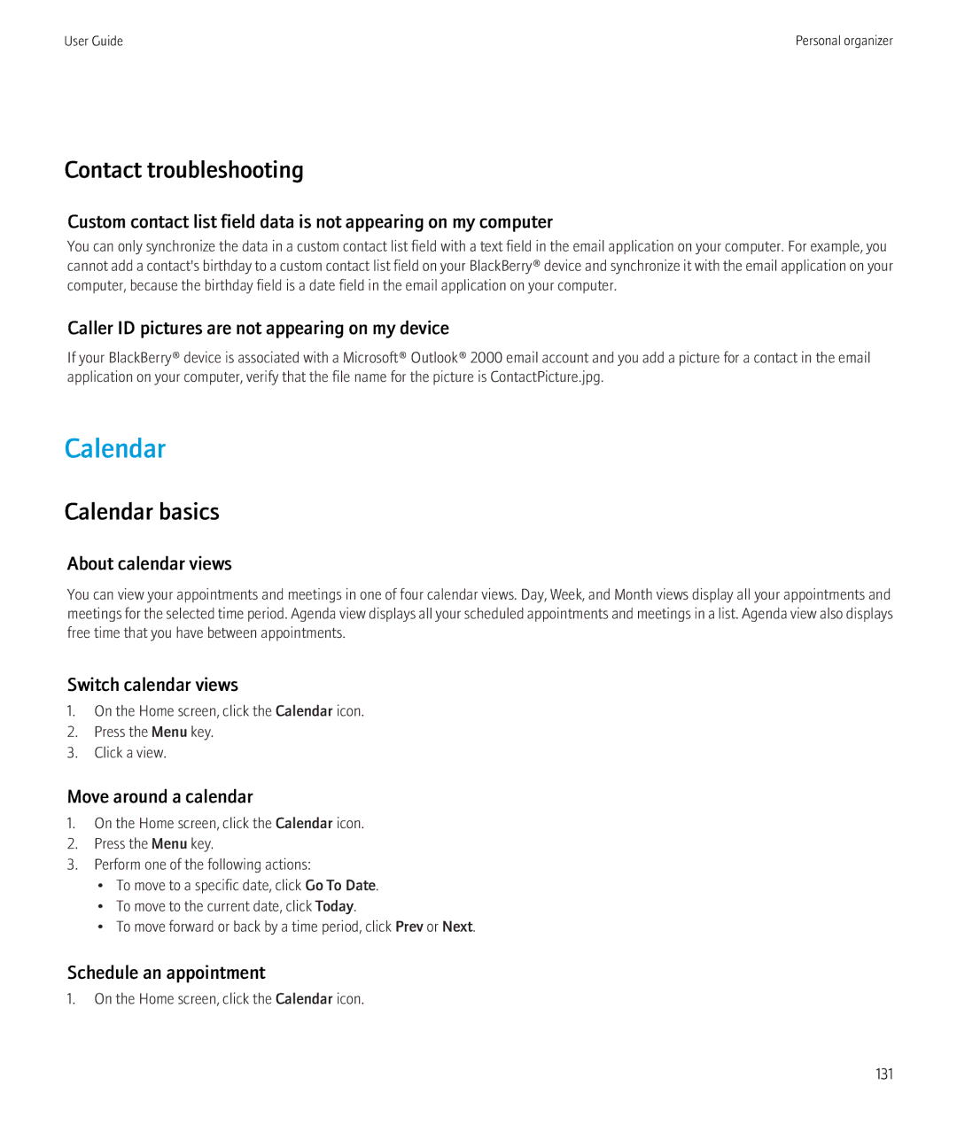 Blackberry 3980228 manual Contact troubleshooting, Calendar basics 