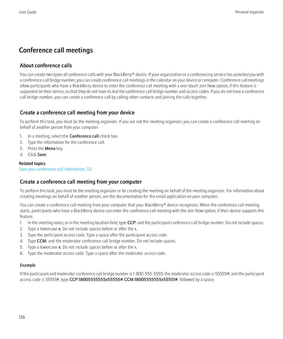 Blackberry 3980228 Conference call meetings, About conference calls, Create a conference call meeting from your device 