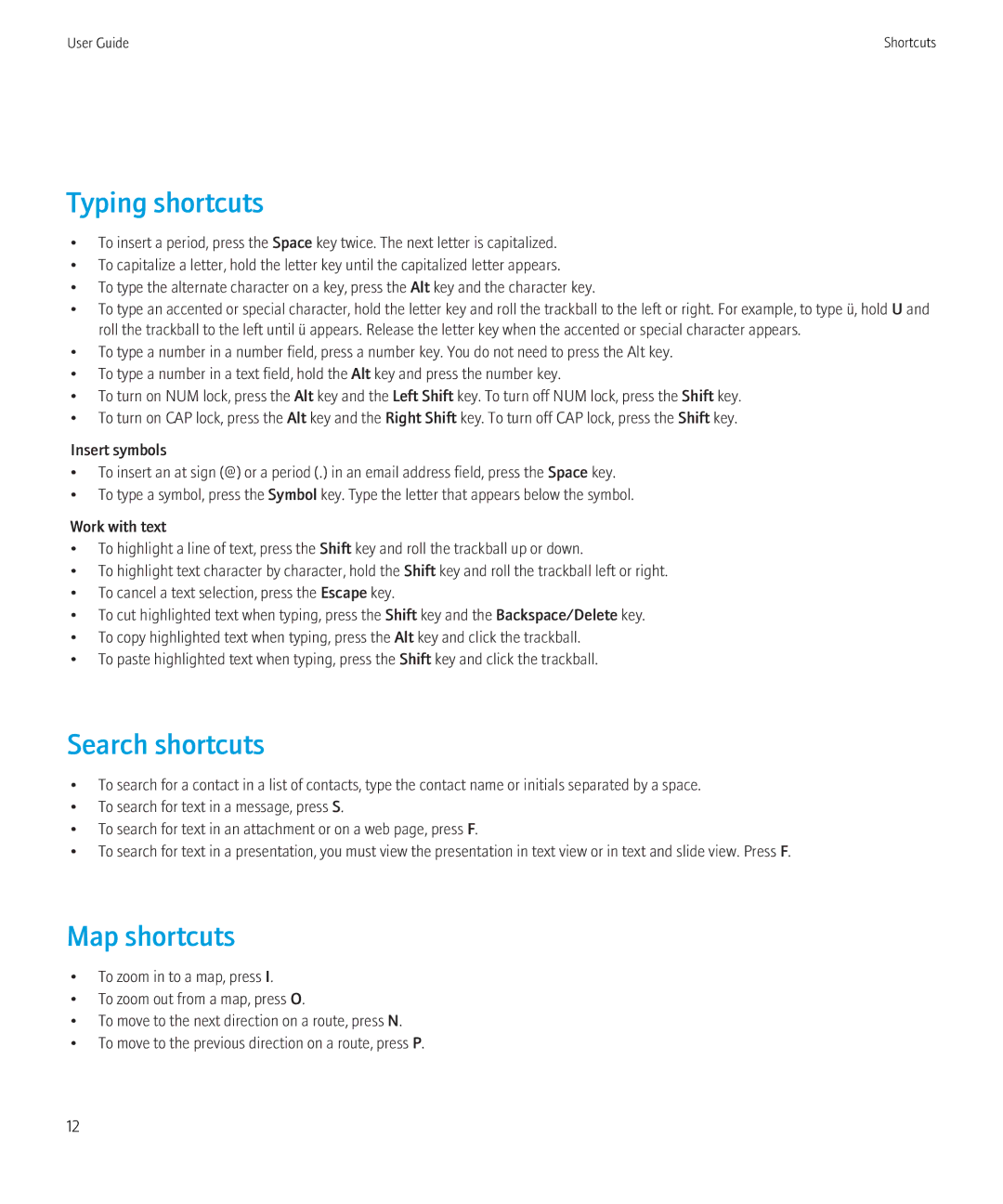 Blackberry 3980228 manual Typing shortcuts, Search shortcuts, Map shortcuts 