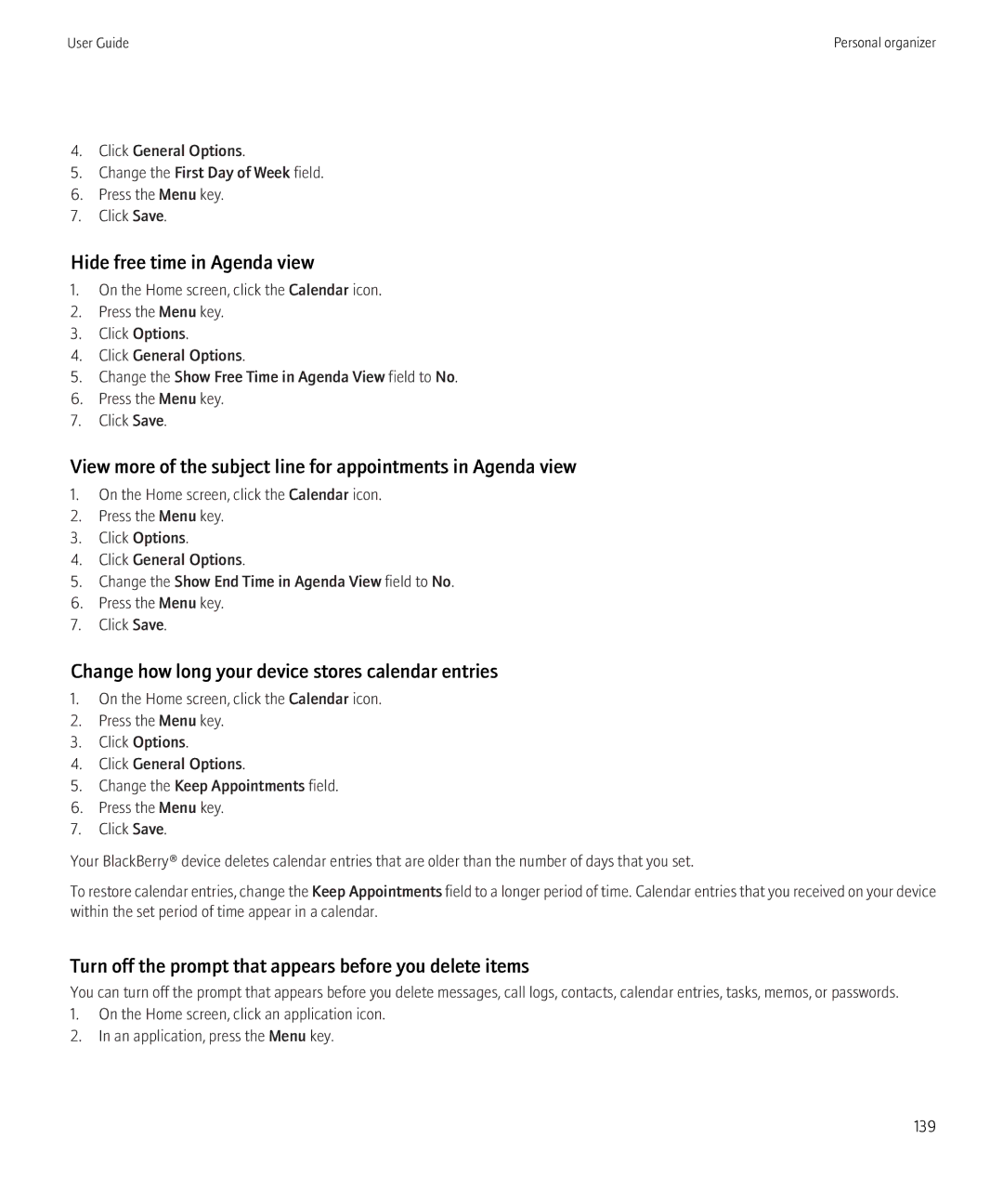 Blackberry 3980228 manual Hide free time in Agenda view, Change how long your device stores calendar entries 