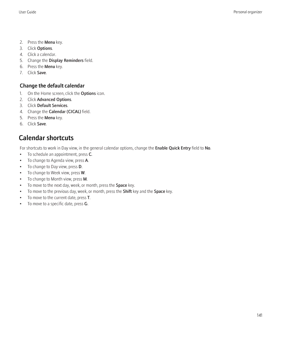 Blackberry 3980228 manual Calendar shortcuts, Change the default calendar 