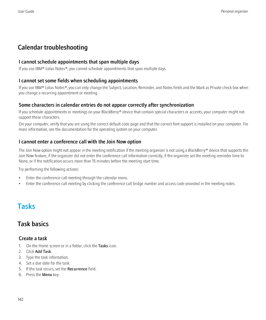 Blackberry 3980228 manual Tasks, Calendar troubleshooting, Task basics 