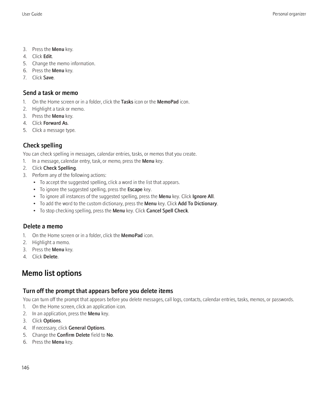 Blackberry 3980228 manual Memo list options, Delete a memo 