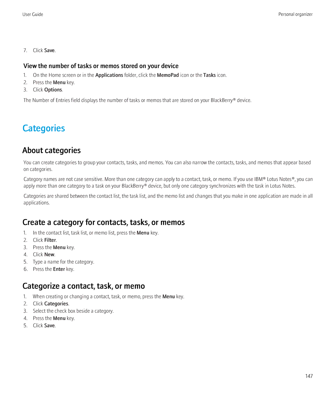 Blackberry 3980228 manual Categories, About categories, Create a category for contacts, tasks, or memos 