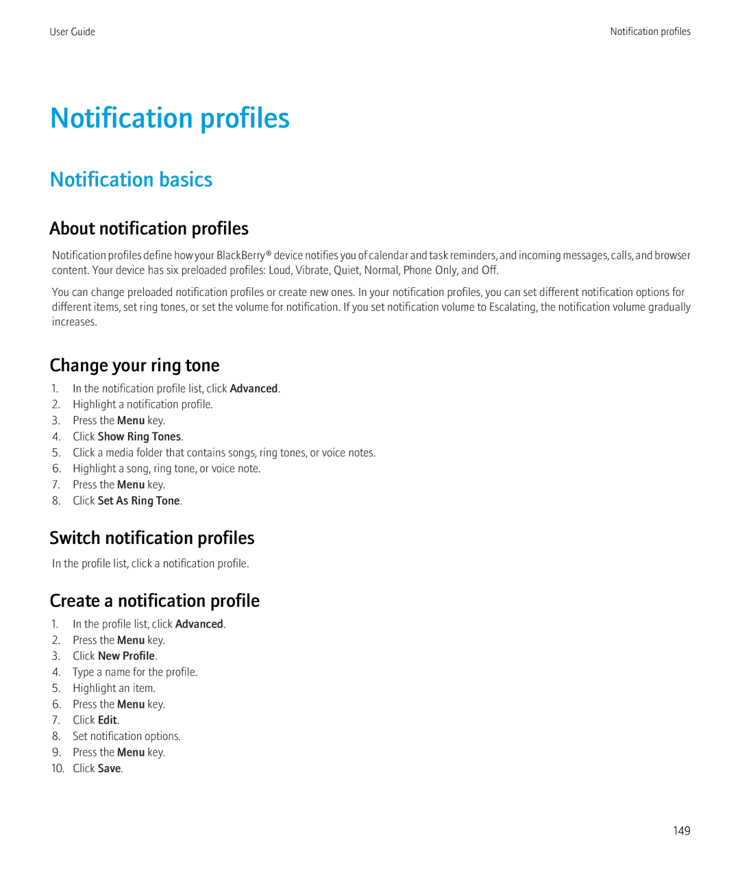 Blackberry 3980228 manual Notification profiles, Notification basics 