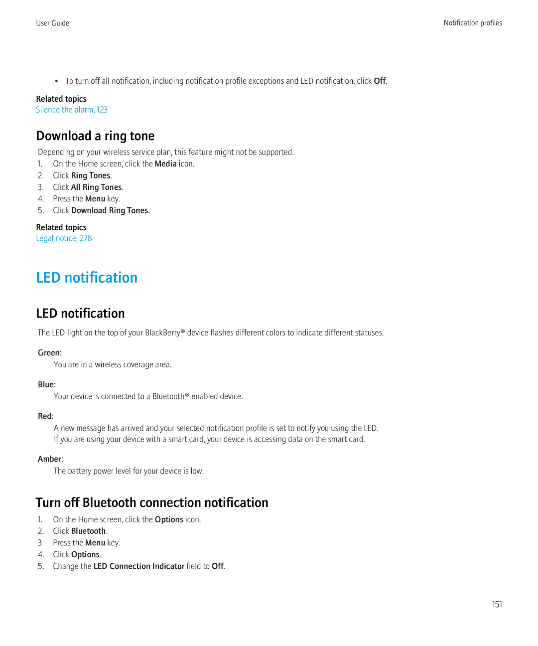 Blackberry 3980228 manual LED notification, Turn off Bluetooth connection notification 