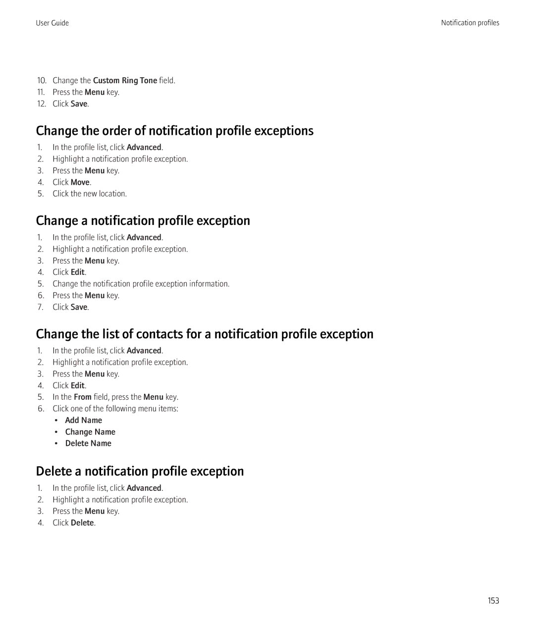 Blackberry 3980228 manual Change the order of notification profile exceptions, Change a notification profile exception 