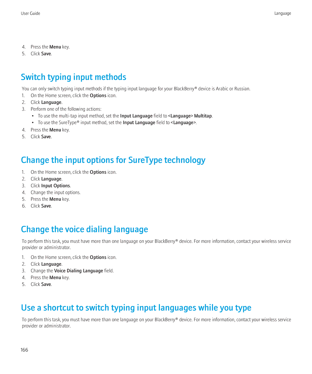 Blackberry 3980228 manual Switch typing input methods, Change the input options for SureType technology 