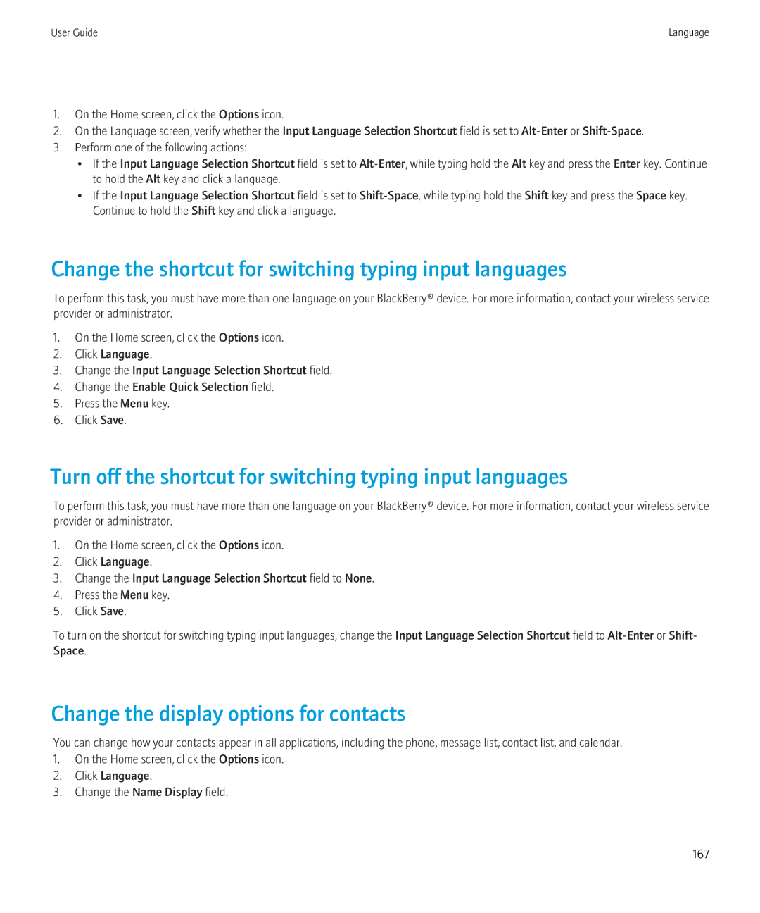 Blackberry 3980228 manual Change the shortcut for switching typing input languages, Change the display options for contacts 