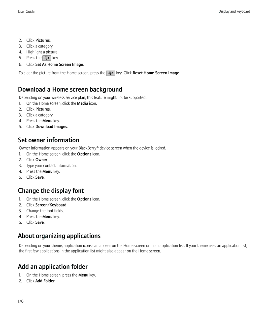 Blackberry 3980228 manual Set owner information, Change the display font, About organizing applications 