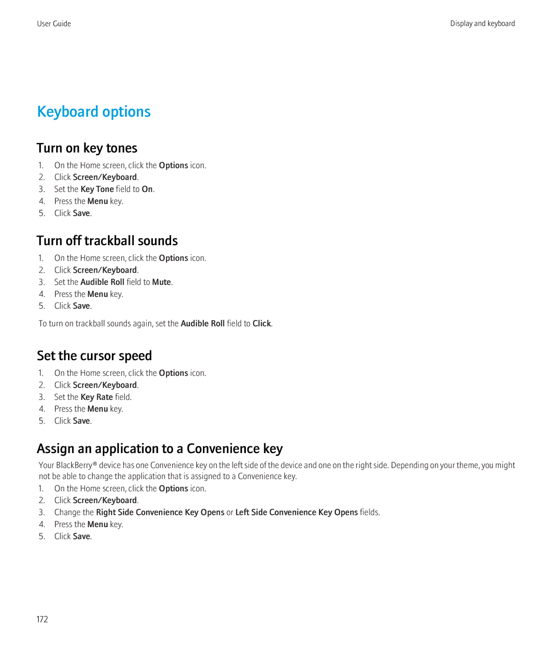 Blackberry 3980228 manual Keyboard options, Turn off trackball sounds, Assign an application to a Convenience key 