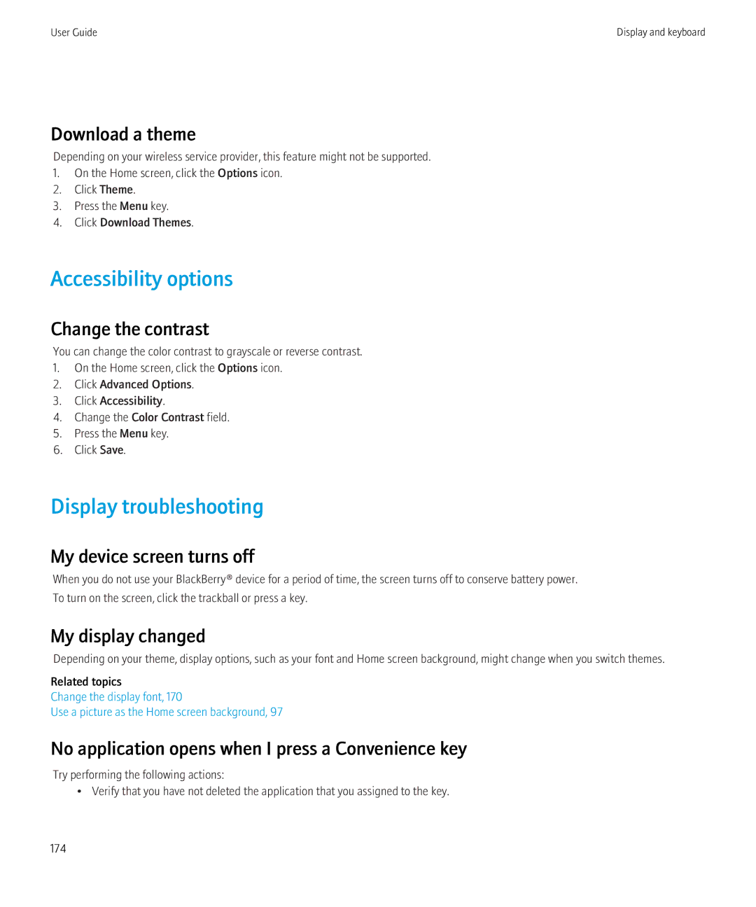 Blackberry 3980228 manual Accessibility options, Display troubleshooting 