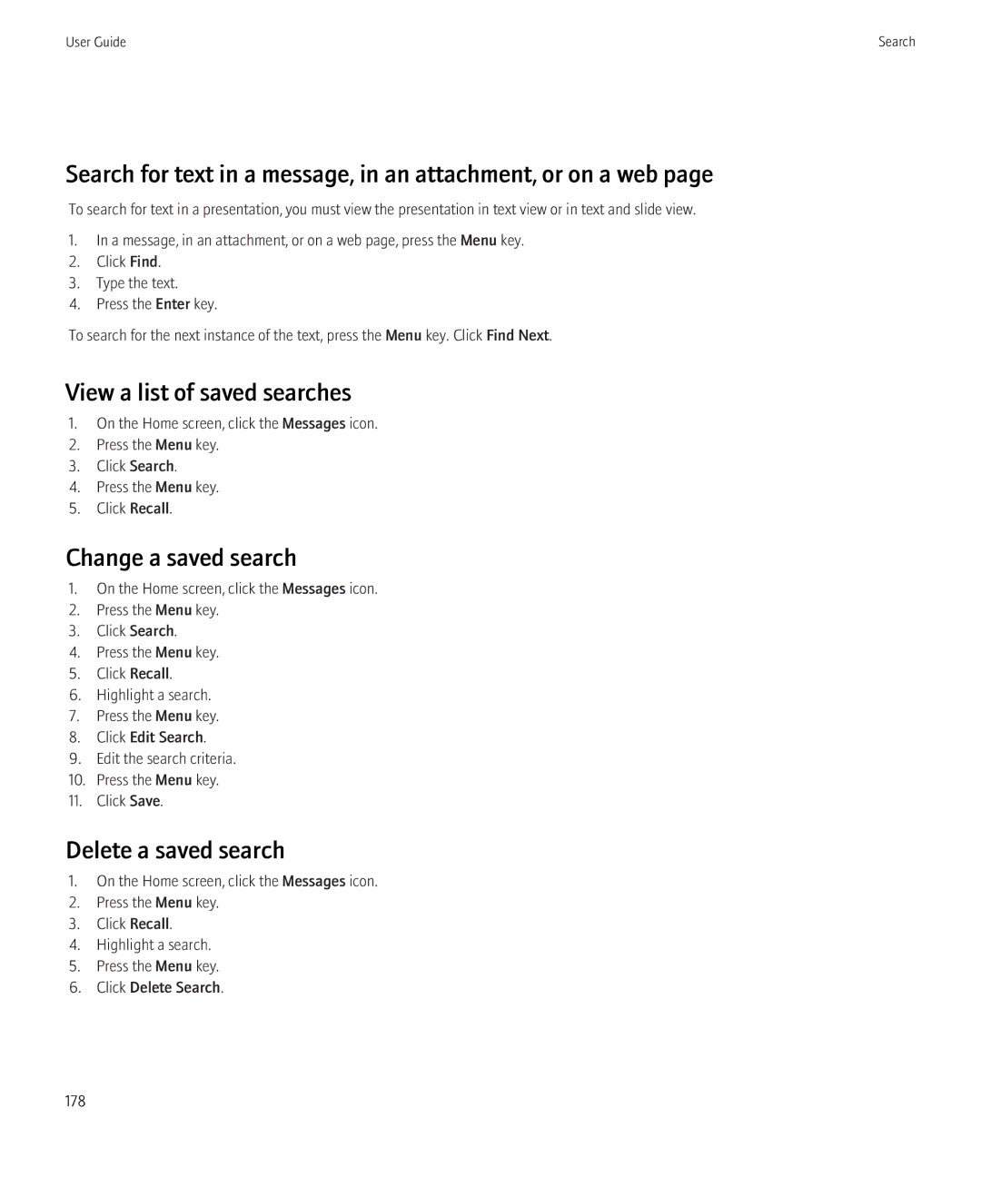 Blackberry 3980228 manual View a list of saved searches, Change a saved search, Delete a saved search 