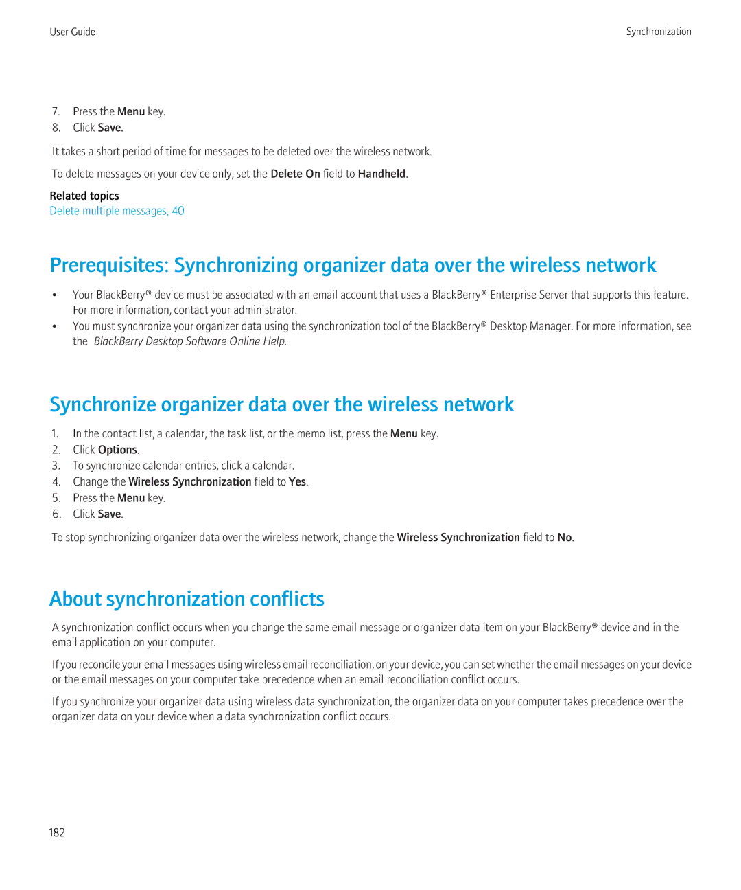 Blackberry 3980228 manual Synchronize organizer data over the wireless network, About synchronization conflicts 