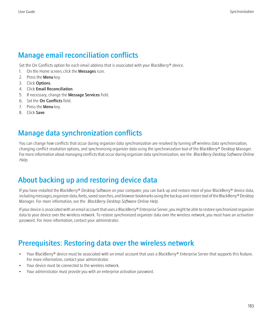 Blackberry 3980228 manual Manage email reconciliation conflicts, Manage data synchronization conflicts 