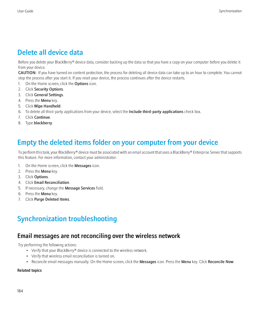 Blackberry 3980228 manual Delete all device data, Synchronization troubleshooting 