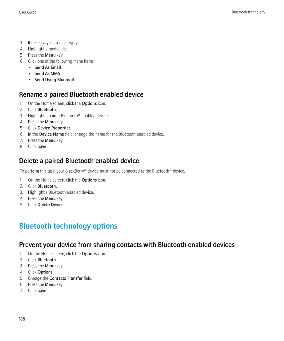 Blackberry 3980228 manual Bluetooth technology options, Rename a paired Bluetooth enabled device 