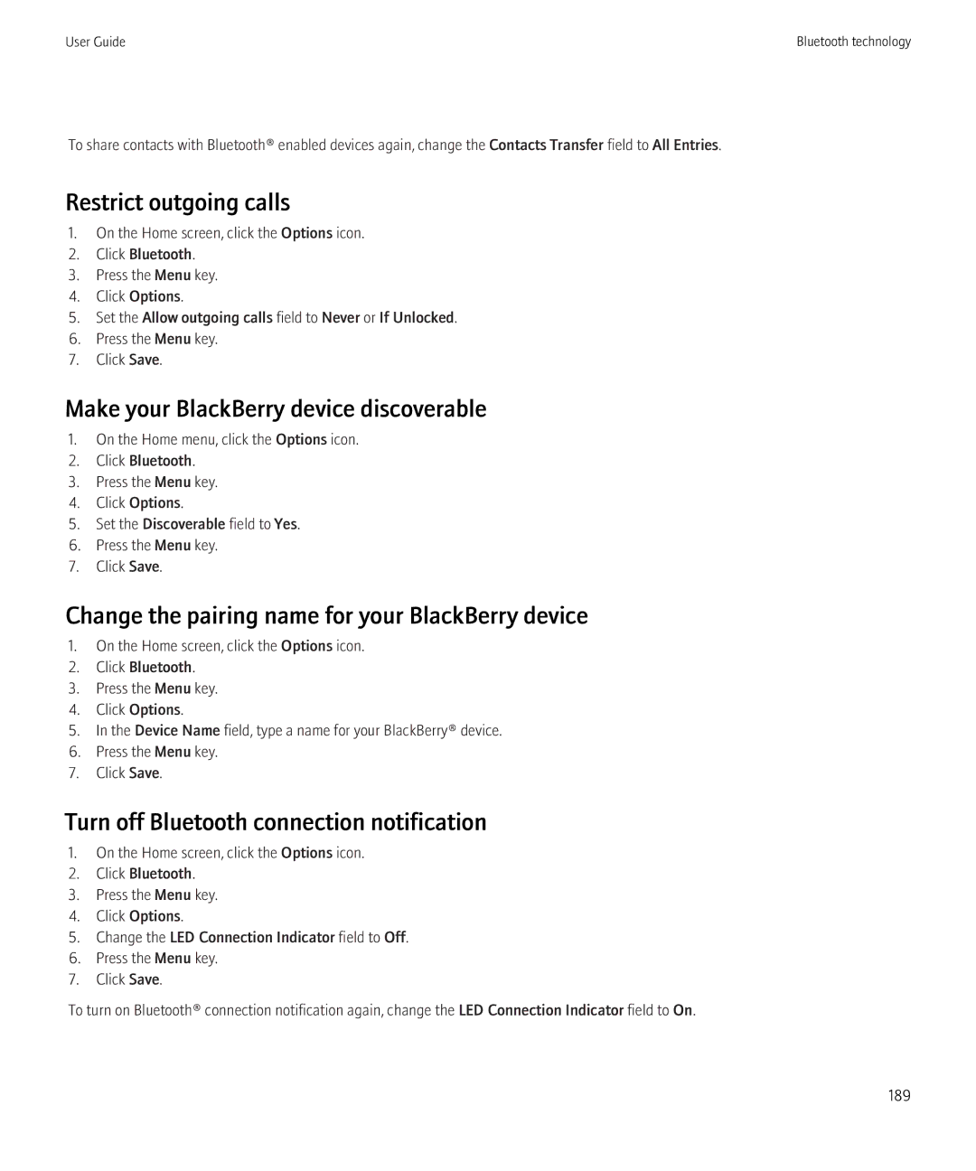 Blackberry 3980228 manual Restrict outgoing calls, Make your BlackBerry device discoverable 