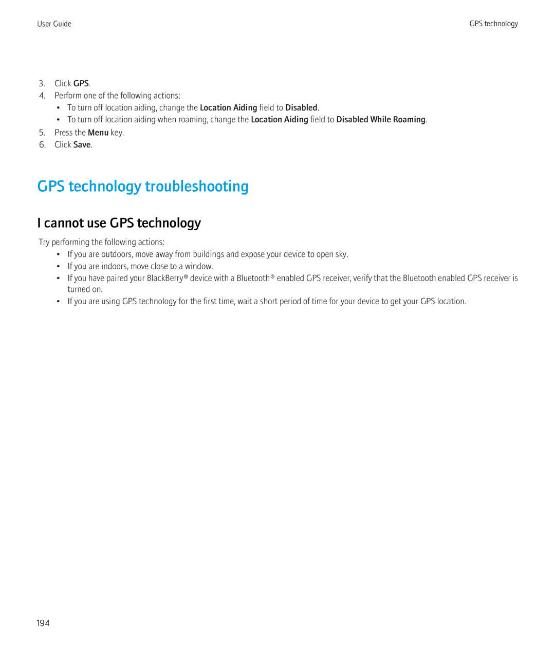 Blackberry 3980228 manual GPS technology troubleshooting, Cannot use GPS technology 