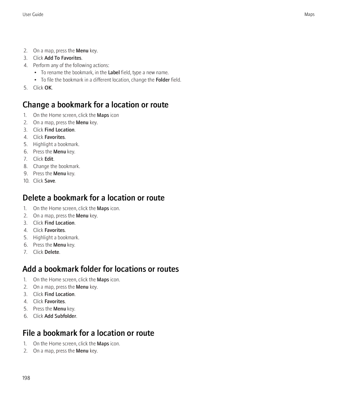 Blackberry 3980228 manual Change a bookmark for a location or route, Delete a bookmark for a location or route 