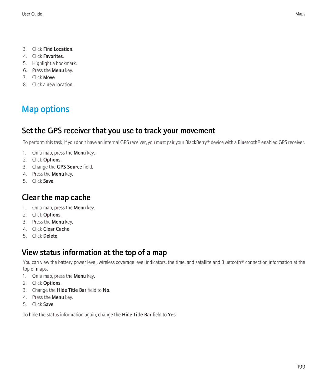 Blackberry 3980228 manual Map options, Set the GPS receiver that you use to track your movement, Clear the map cache 