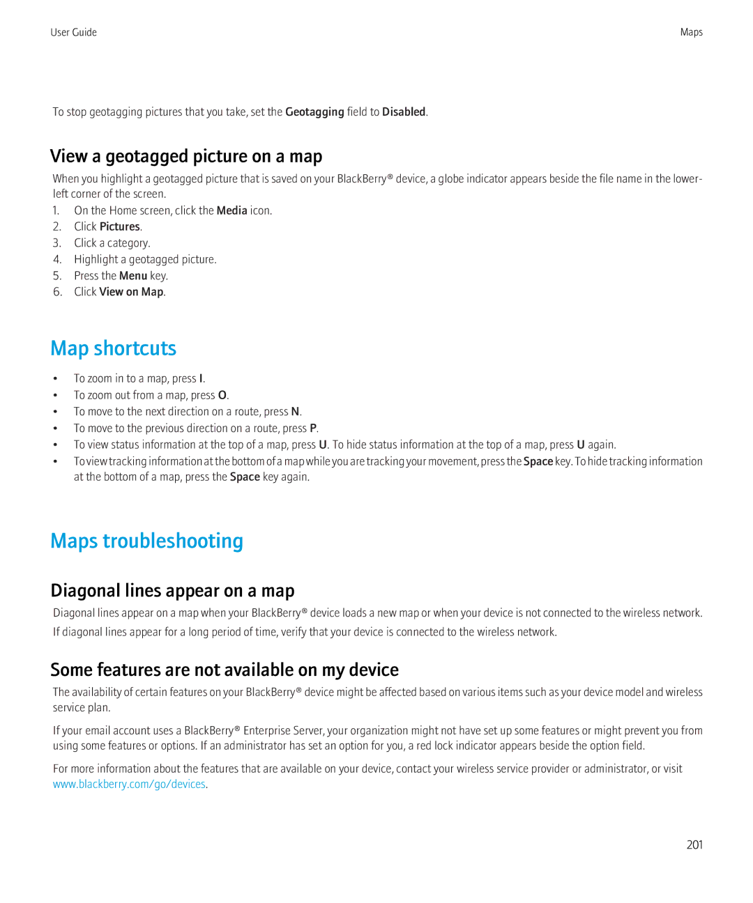 Blackberry 3980228 manual Maps troubleshooting, View a geotagged picture on a map, Diagonal lines appear on a map 