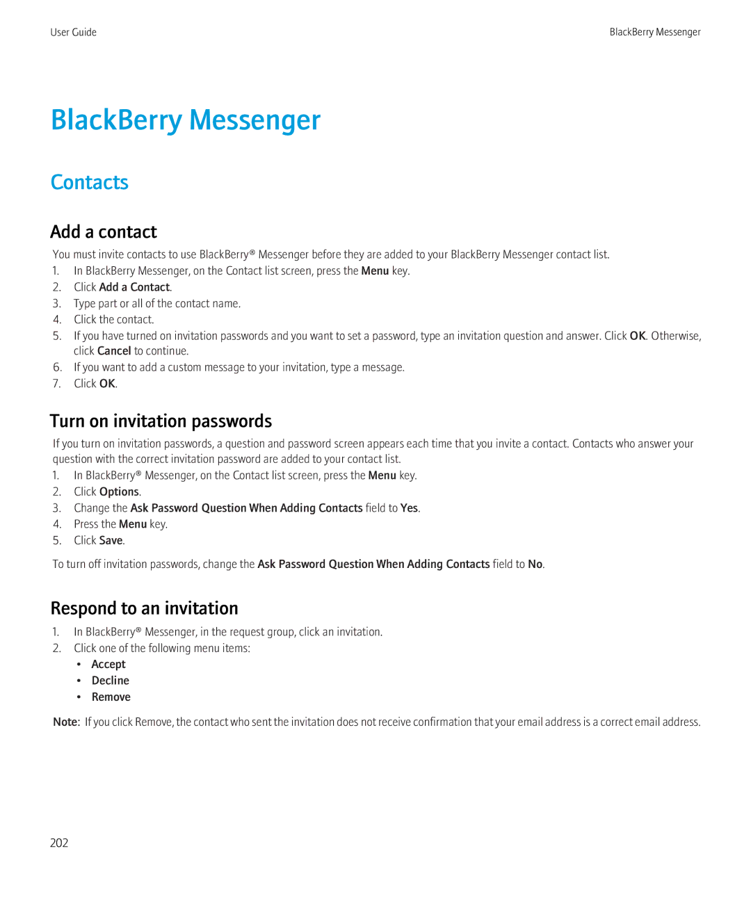 Blackberry 3980228 manual BlackBerry Messenger, Add a contact, Turn on invitation passwords, Respond to an invitation 