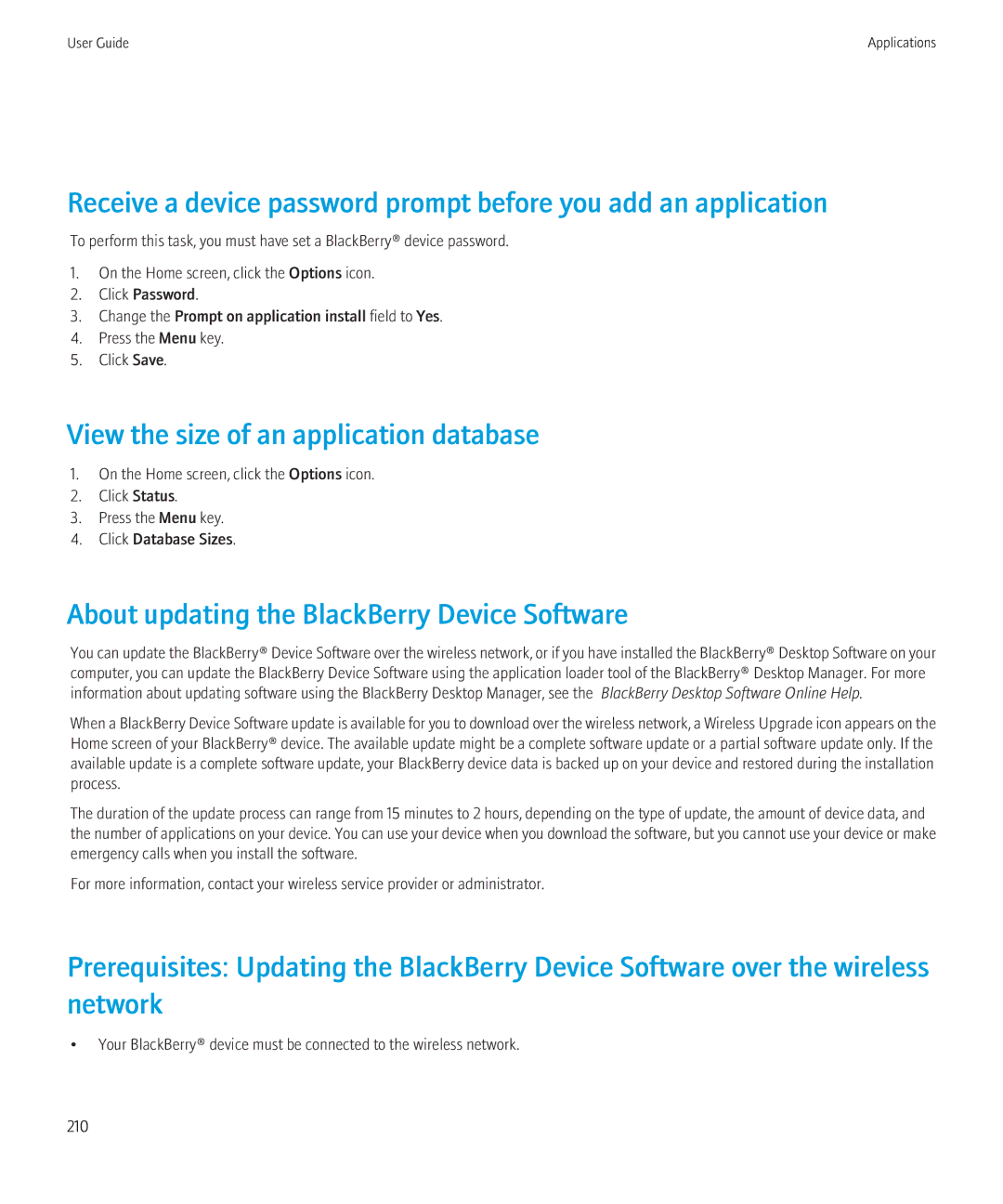 Blackberry 3980228 manual View the size of an application database, About updating the BlackBerry Device Software 