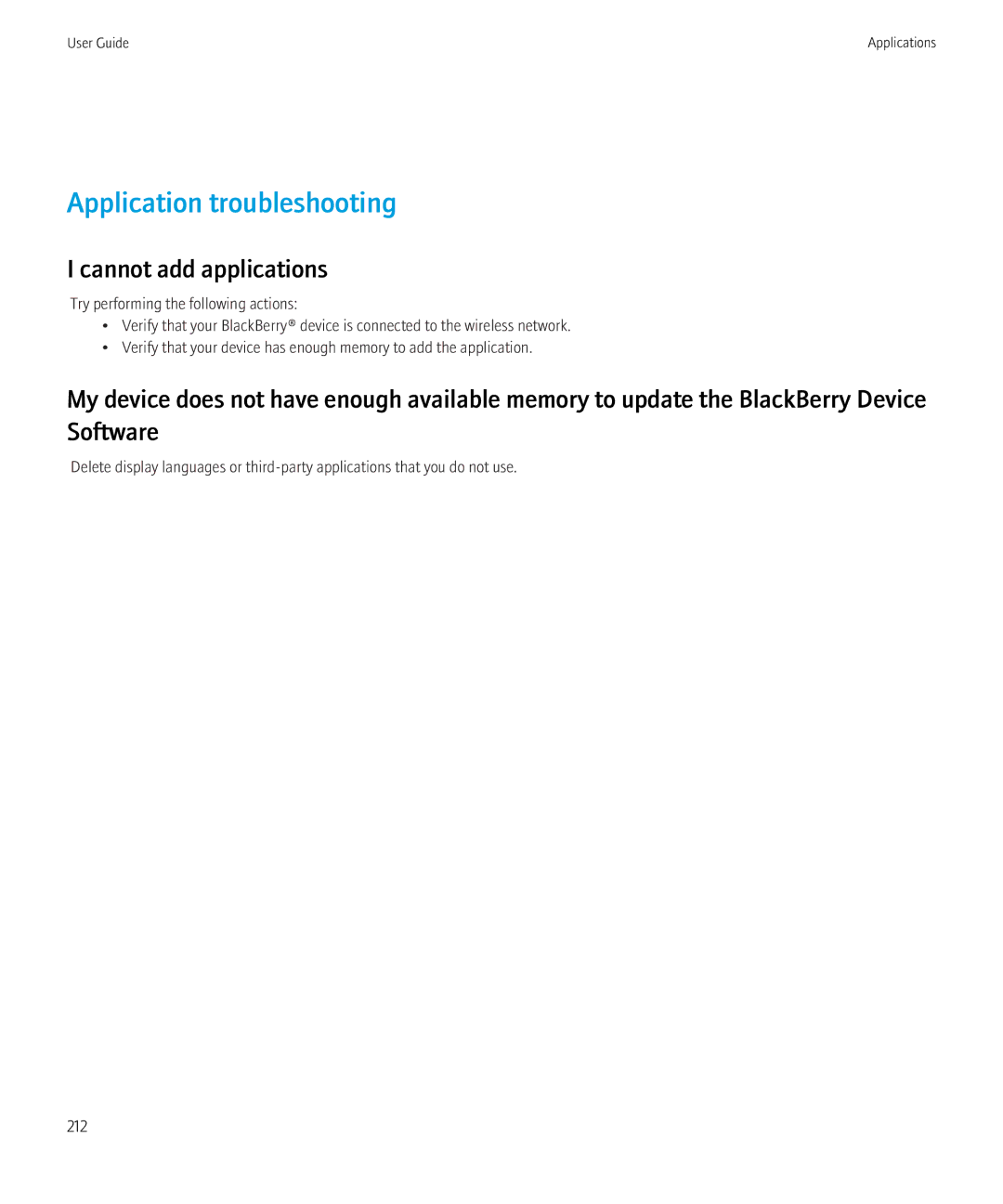 Blackberry 3980228 manual Application troubleshooting, Cannot add applications 