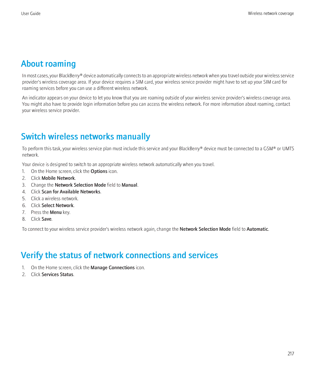 Blackberry 3980228 About roaming, Switch wireless networks manually, Verify the status of network connections and services 