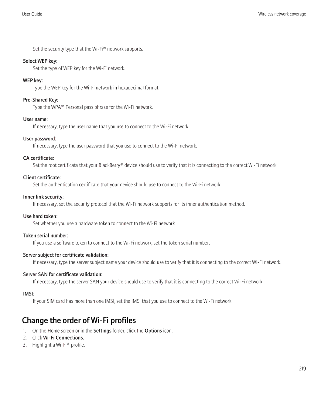 Blackberry 3980228 manual Change the order of Wi-Fi profiles, Imsi 