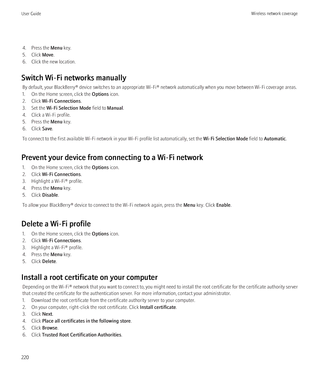 Blackberry 3980228 Switch Wi-Fi networks manually, Prevent your device from connecting to a Wi-Fi network 