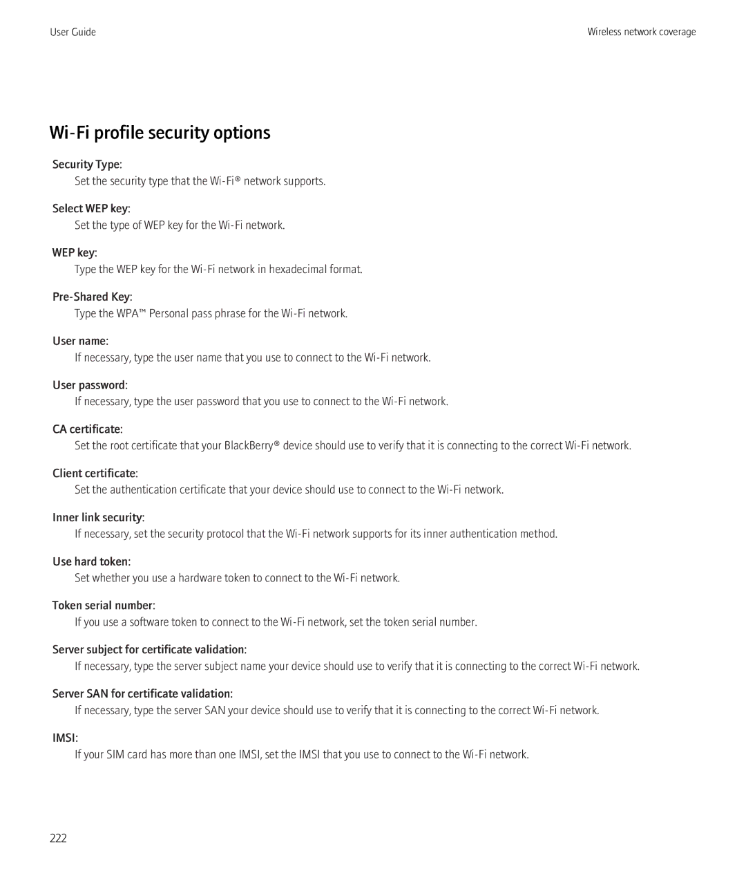 Blackberry 3980228 manual Wi-Fi profile security options 