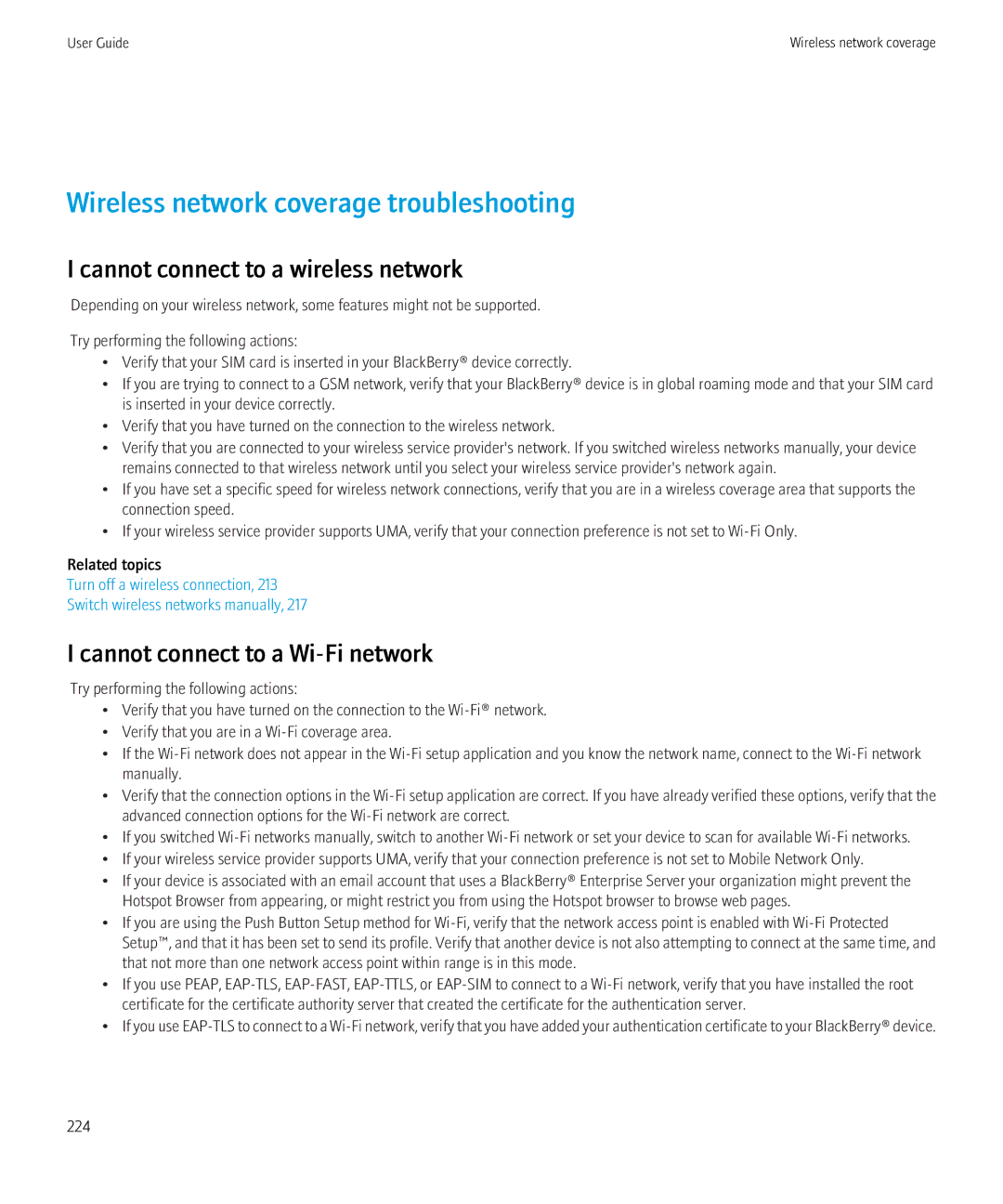 Blackberry 3980228 manual Wireless network coverage troubleshooting, Cannot connect to a wireless network 