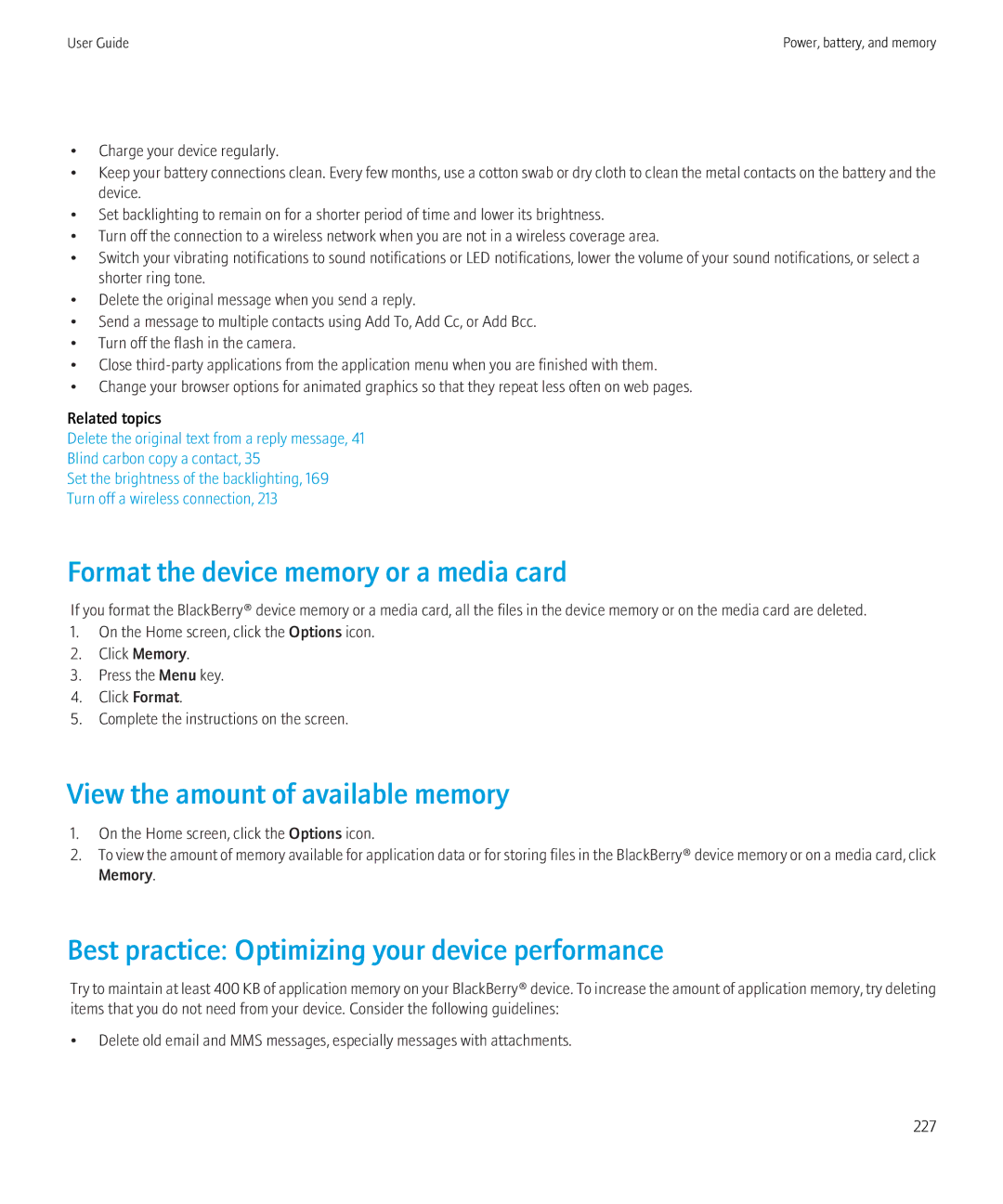 Blackberry 3980228 manual Format the device memory or a media card, View the amount of available memory 