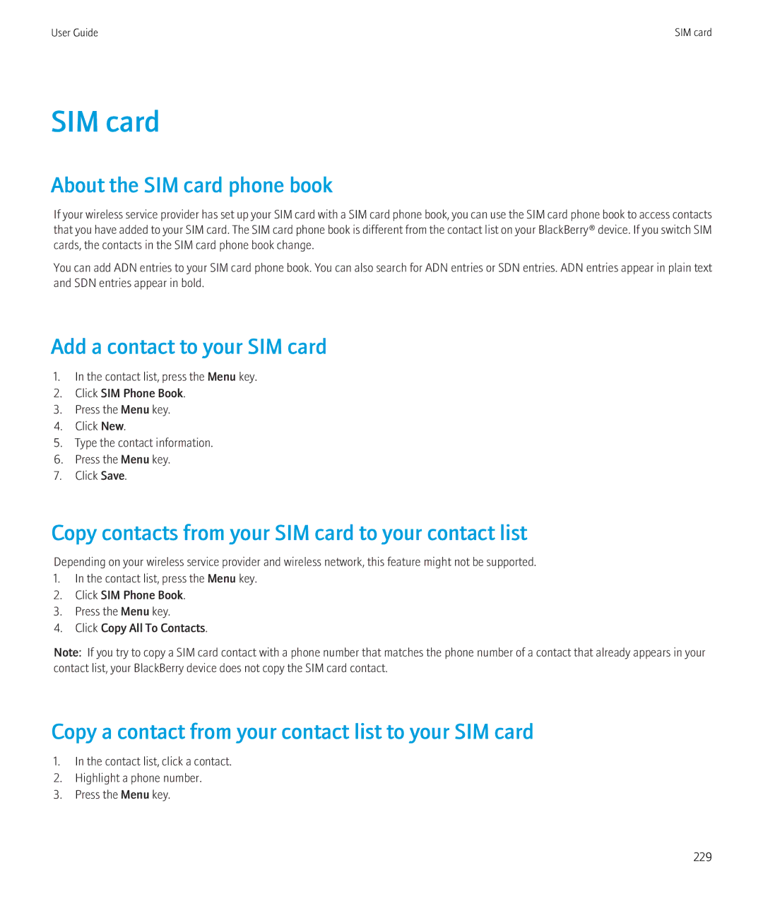 Blackberry 3980228 manual About the SIM card phone book, Add a contact to your SIM card 