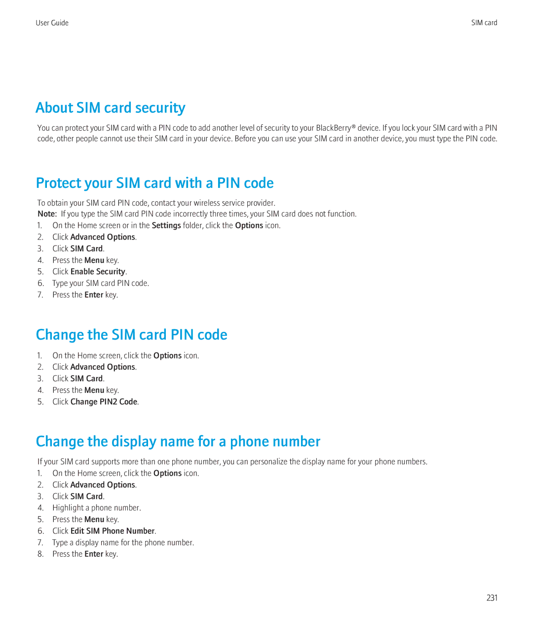 Blackberry 3980228 manual About SIM card security, Protect your SIM card with a PIN code, Change the SIM card PIN code 