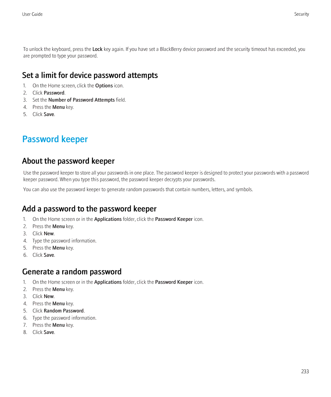 Blackberry 3980228 manual Password keeper, Set a limit for device password attempts, About the password keeper 