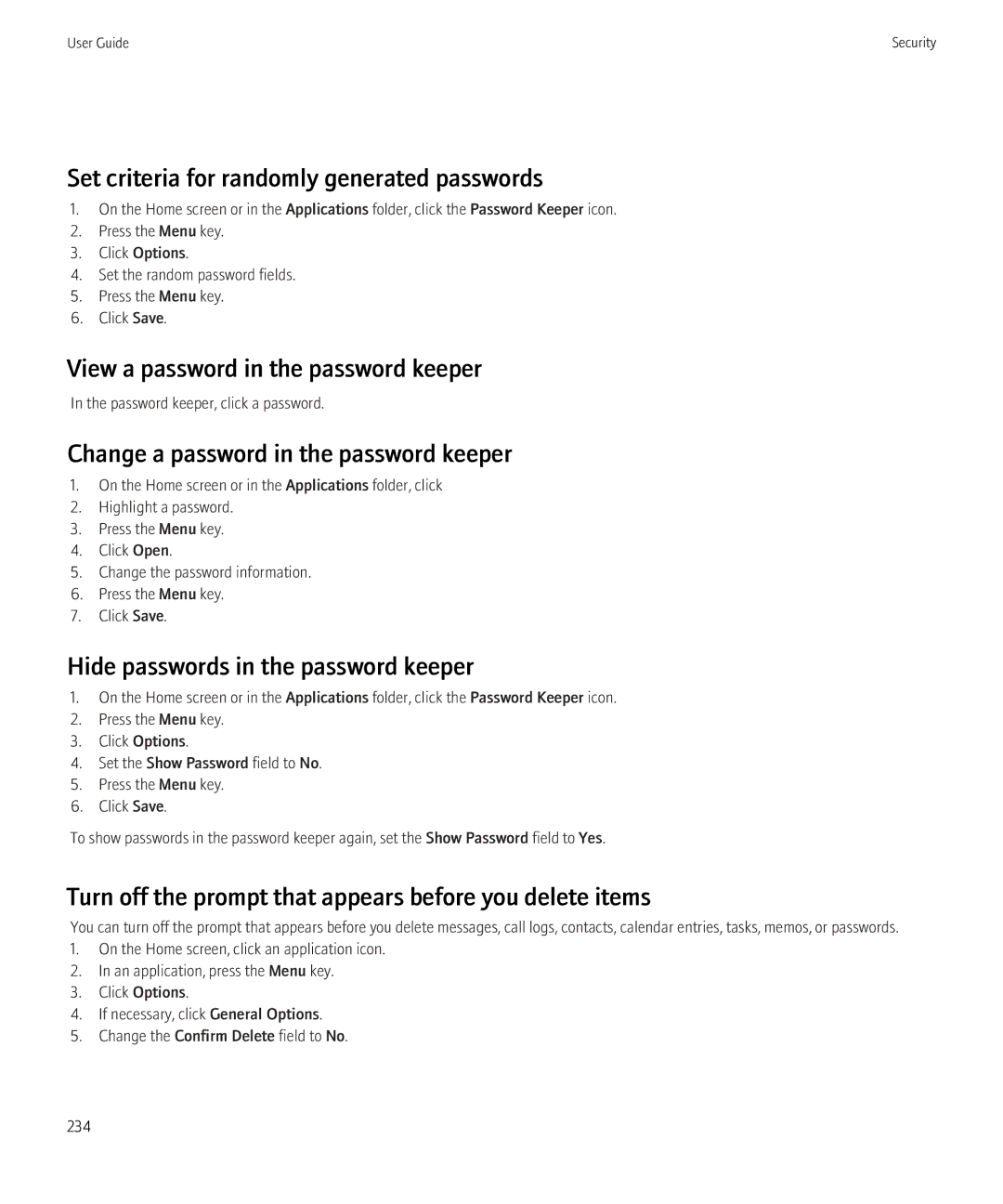 Blackberry 3980228 manual Set criteria for randomly generated passwords, View a password in the password keeper 