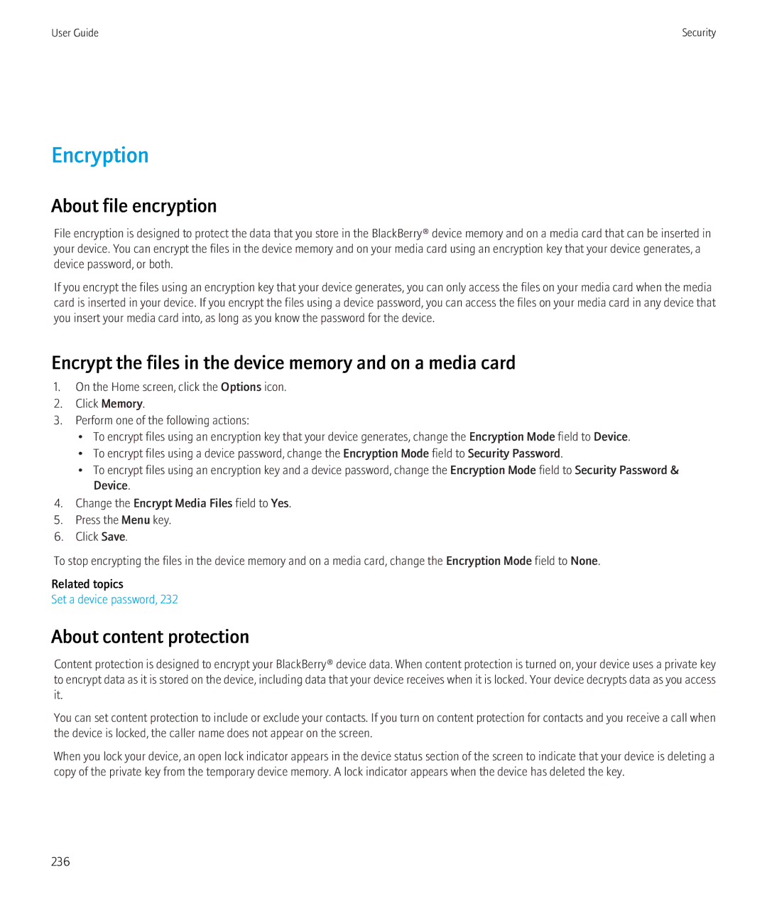 Blackberry 3980228 manual Encryption, About content protection 