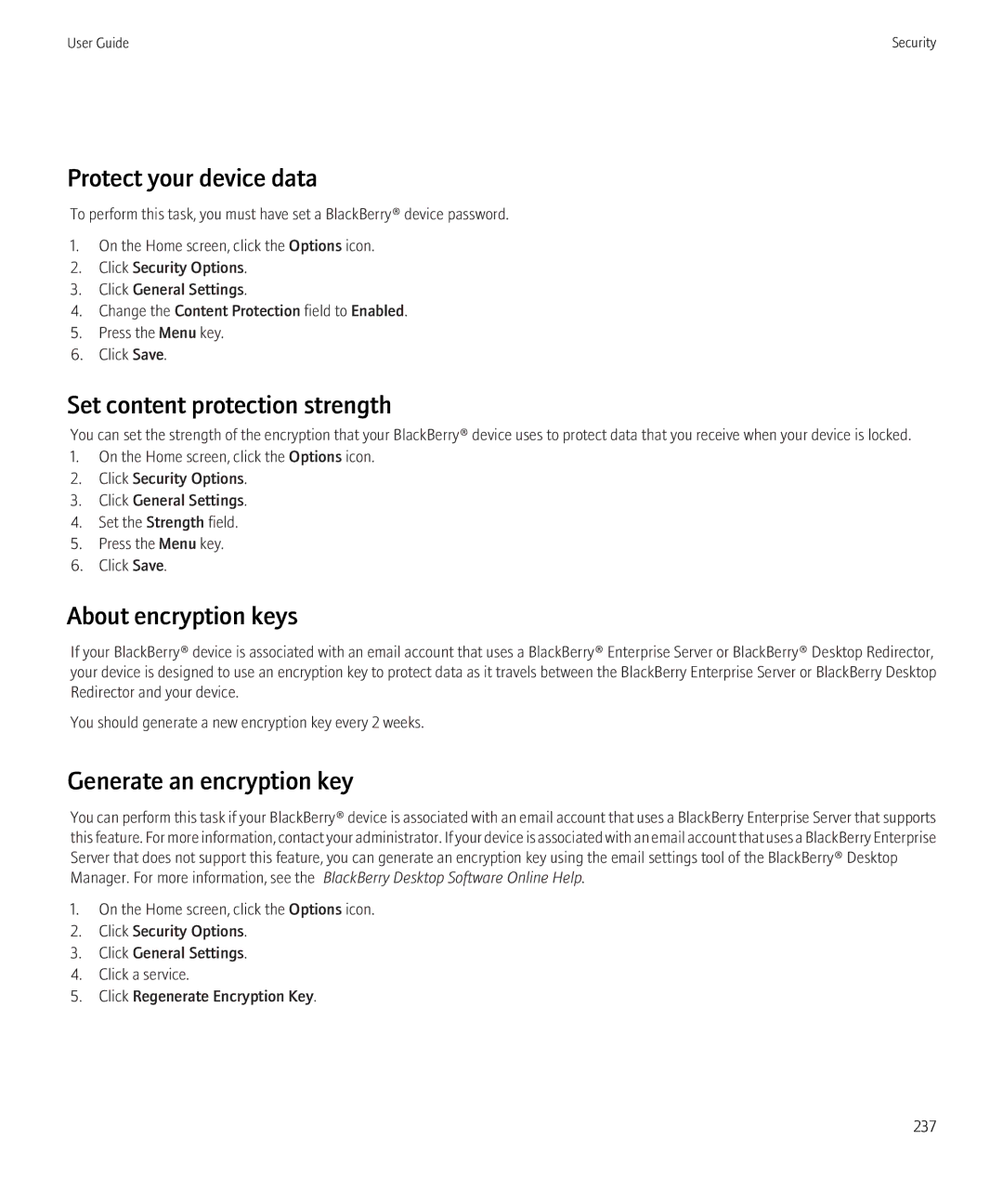 Blackberry 3980228 manual Protect your device data, Set content protection strength, About encryption keys 