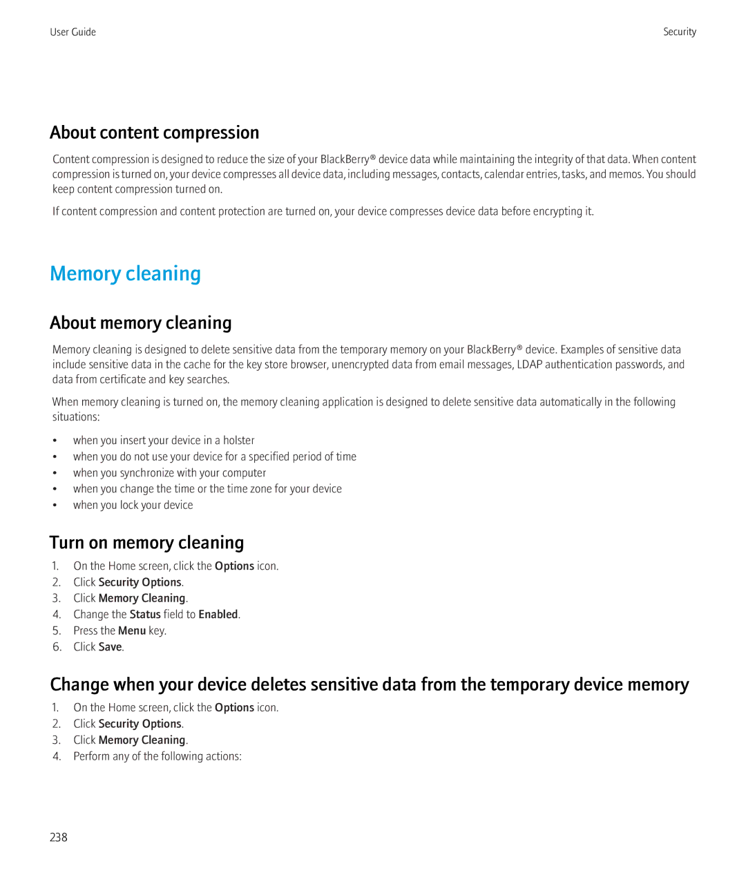 Blackberry 3980228 manual Memory cleaning, About content compression, About memory cleaning, Turn on memory cleaning 