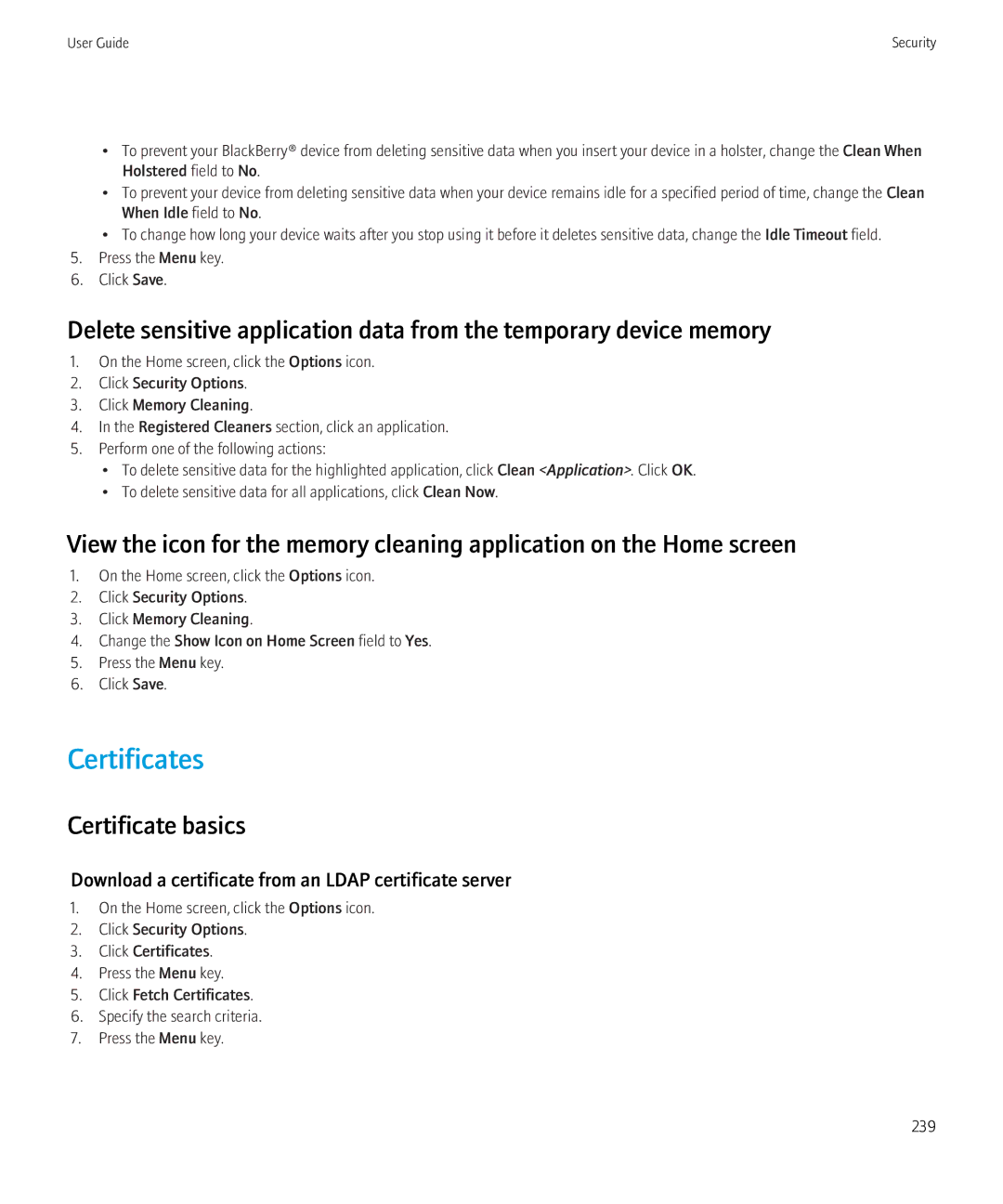 Blackberry 3980228 manual Certificates, Certificate basics, Download a certificate from an Ldap certificate server 