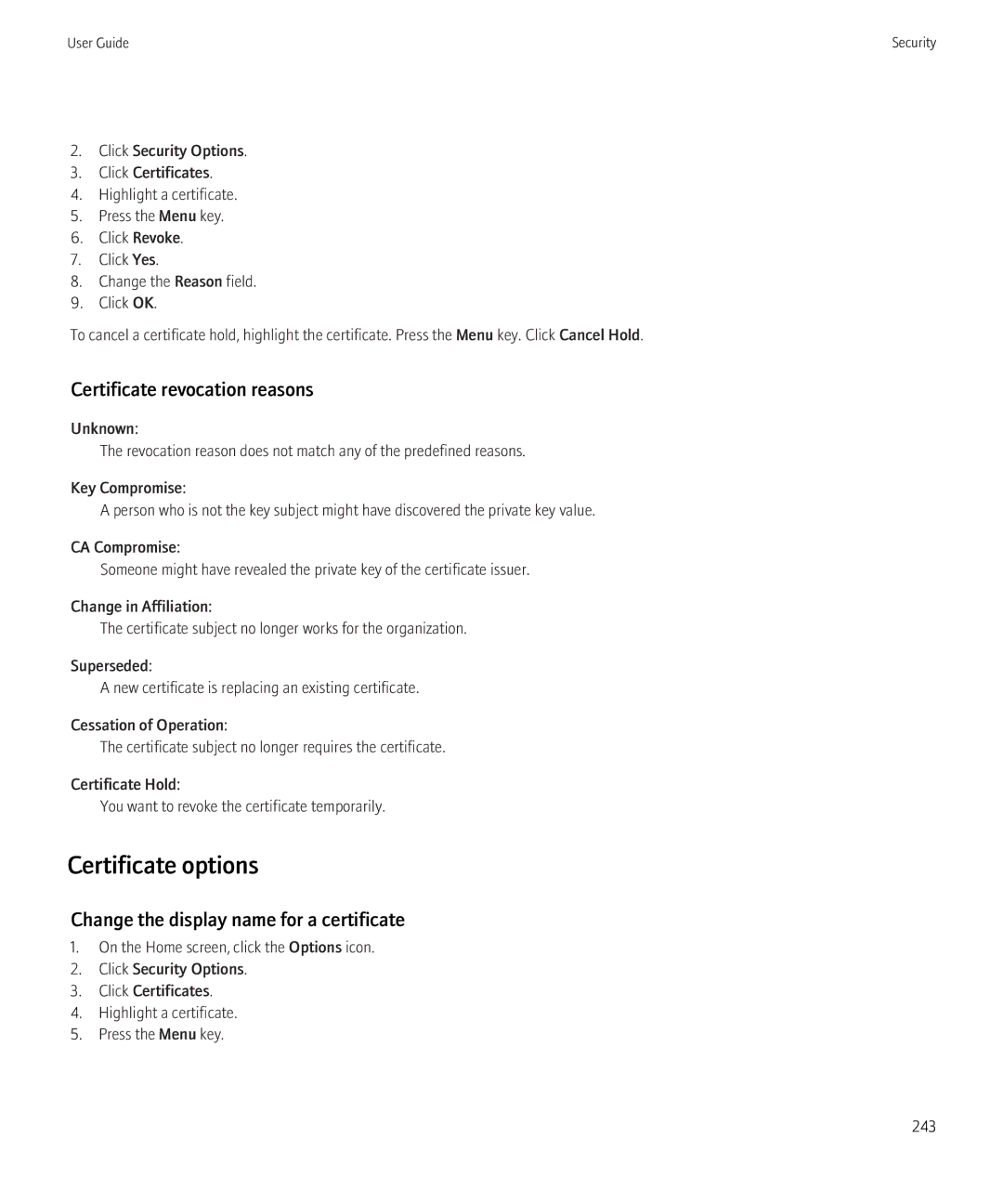Blackberry 3980228 manual Certificate options, Certificate revocation reasons, Change the display name for a certificate 