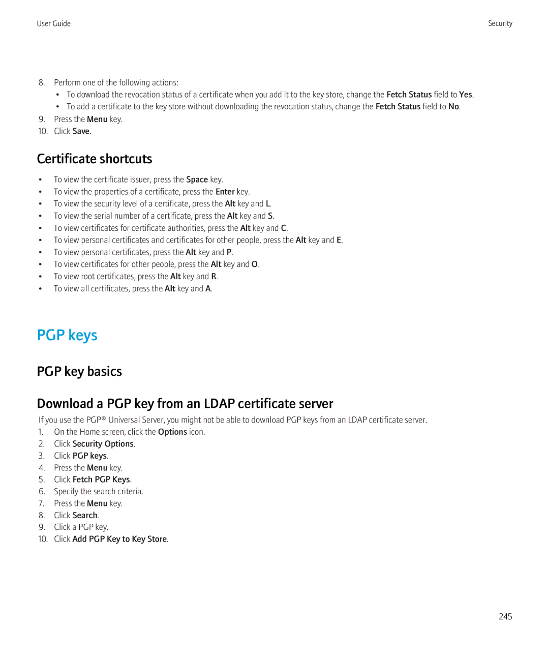 Blackberry 3980228 manual PGP keys, Certificate shortcuts 