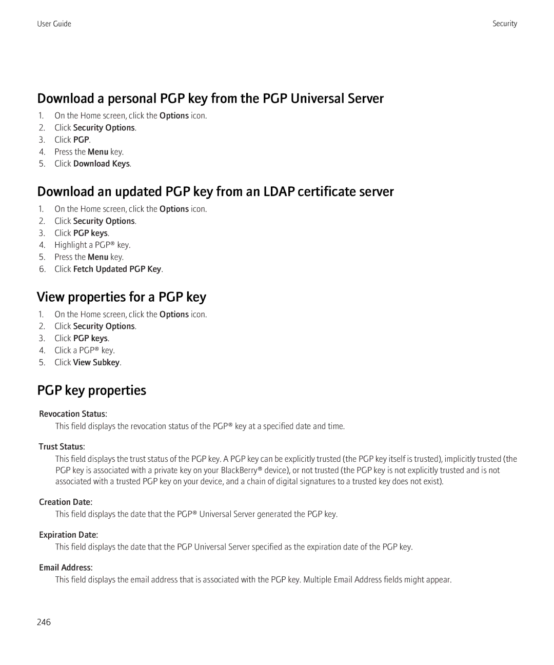 Blackberry 3980228 manual Download a personal PGP key from the PGP Universal Server, View properties for a PGP key 