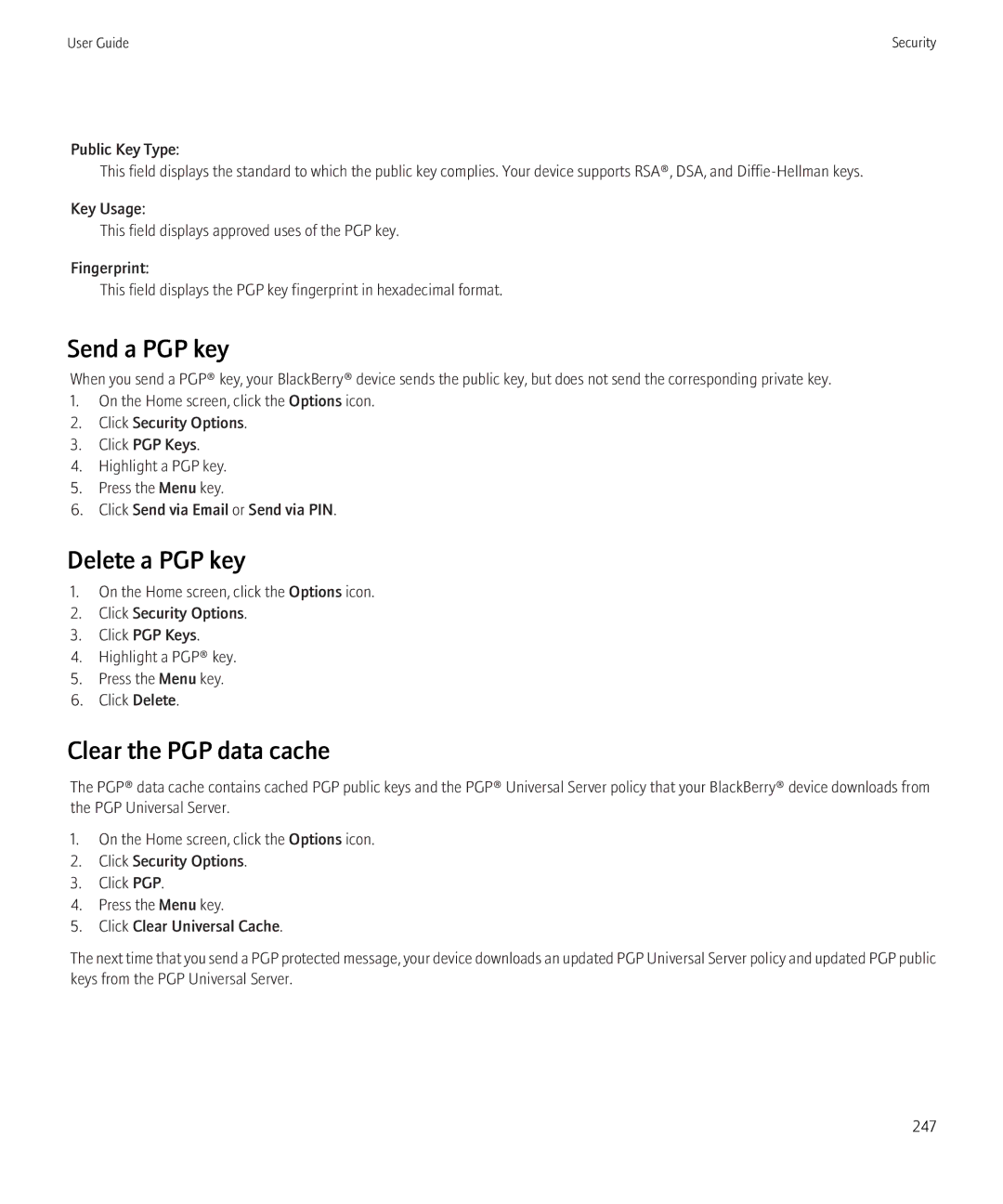 Blackberry 3980228 manual Send a PGP key, Delete a PGP key, Clear the PGP data cache 