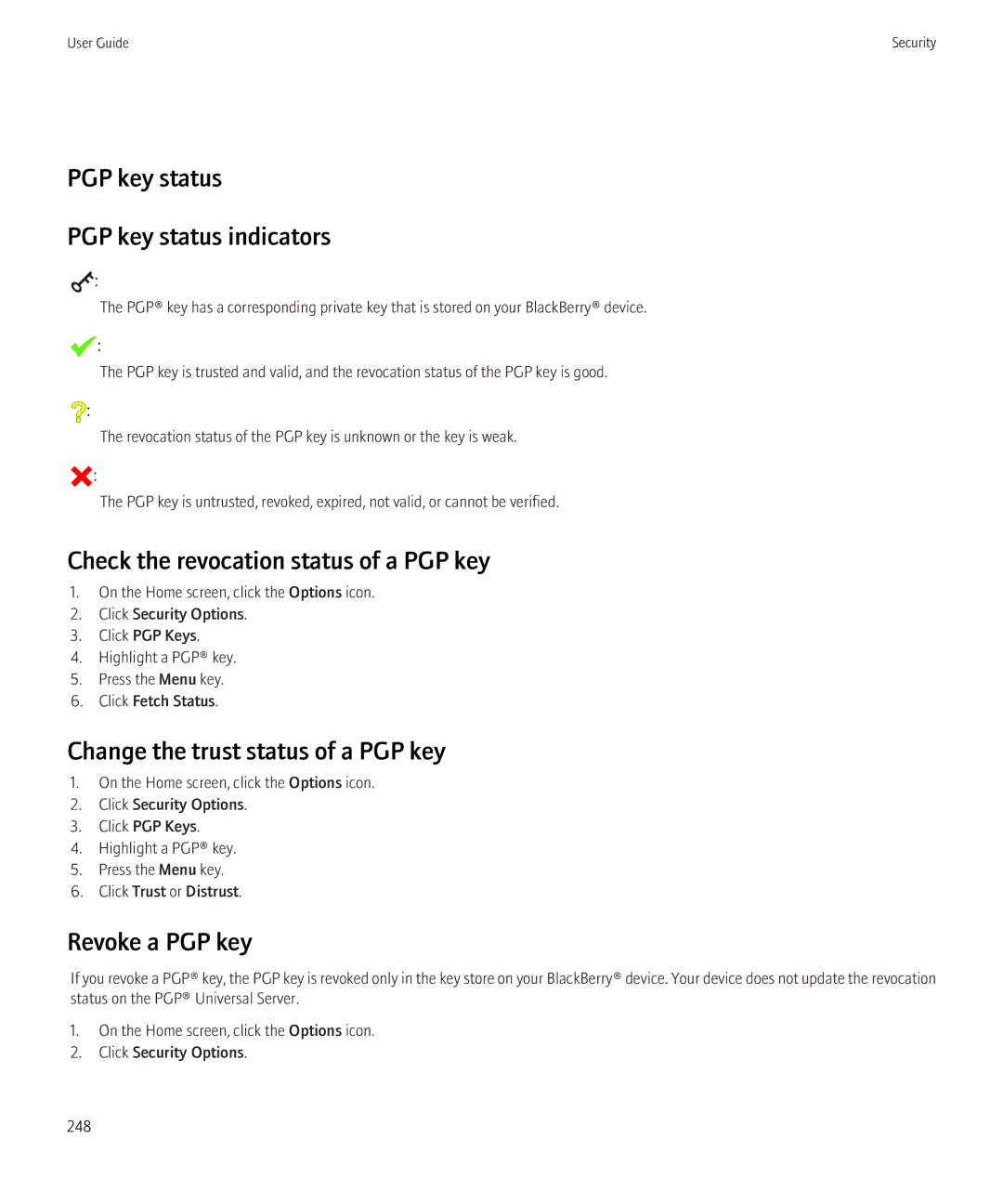 Blackberry 3980228 PGP key status PGP key status indicators, Check the revocation status of a PGP key, Revoke a PGP key 