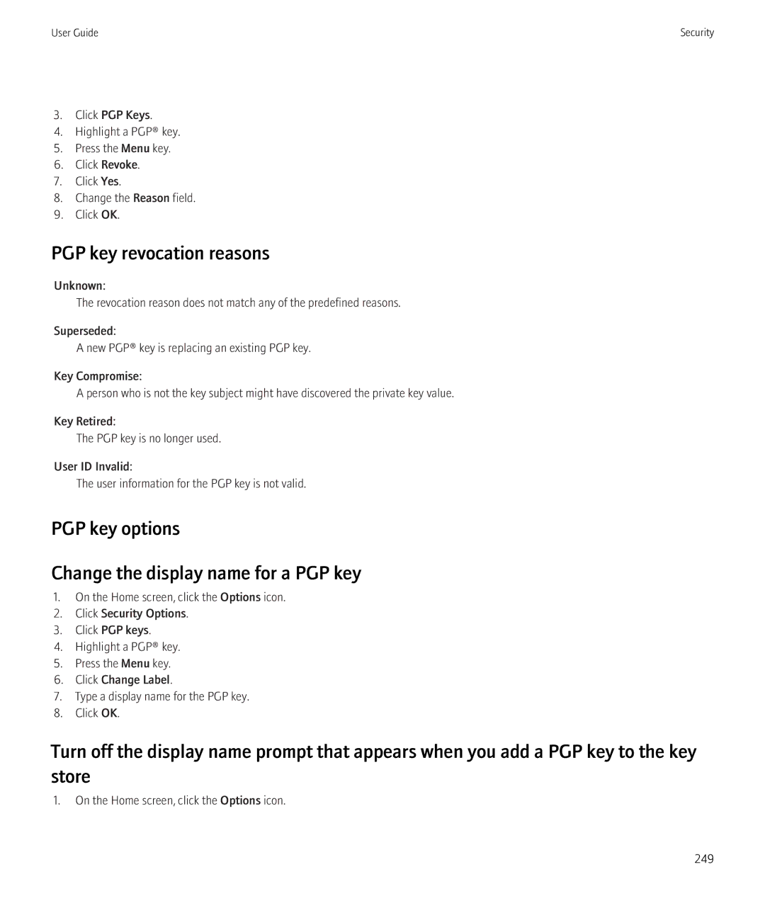 Blackberry 3980228 manual PGP key revocation reasons, PGP key options Change the display name for a PGP key 